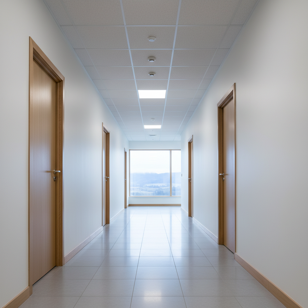 A bright, impeccably clean hallway inside a Scandinavian-style office building in Furnes, featuring light oak doors, matte white walls, and a polished light-grey tiled floor that subtly reflects the overhead LED lighting. Skirting boards and corners are perfectly dust-free, with no marks on the walls. At the far end, large windows reveal a soft, cloudy Innlandet sky, bathing the space in cool natural light that blends with the neutral artificial lighting. Photographic realism, shot from a slightly low angle along the corridor to emphasize depth and cleanliness. The mood is professional, hygienic and welcoming, underlining high-quality regular cleaning services for commercial clients.