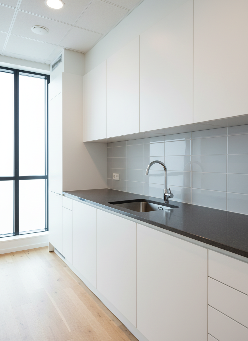An ultra-clean, modern Norwegian kitchen in an office or small commercial premises, featuring matte white cabinets, a spotless stainless steel sink, and a dark stone countertop free of any clutter. The chrome faucet gleams, and the tiled backsplash has no stains or streaks. Large windows to the side let in soft natural daylight, which combines with cool recessed ceiling lights to create subtle reflections on the metal and stone surfaces. Photographic realism, shot from a slightly elevated angle with a wide lens to show the whole space. The mood is hygienic, orderly and trustworthy, perfectly illustrating professional interior cleaning for break rooms and staff kitchens.