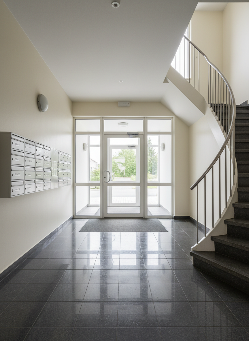 A pristine entrance area of an apartment building in Innlandet, with freshly mopped dark stone tiles that show a gentle, even sheen, and clean, light-colored walls without scuff marks. The glass entrance door and side panels are crystal clear, no fingerprints or smudges, reflecting the soft, overcast daylight from outside. A neatly organized row of mailboxes and a clean stairwell with polished metal railings are visible. Photographic realism, composed using the rule of thirds from an eye-level viewpoint, emphasizing symmetry and order. The atmosphere is secure, well-maintained and welcoming, showcasing thorough common-area cleaning for residential buildings.