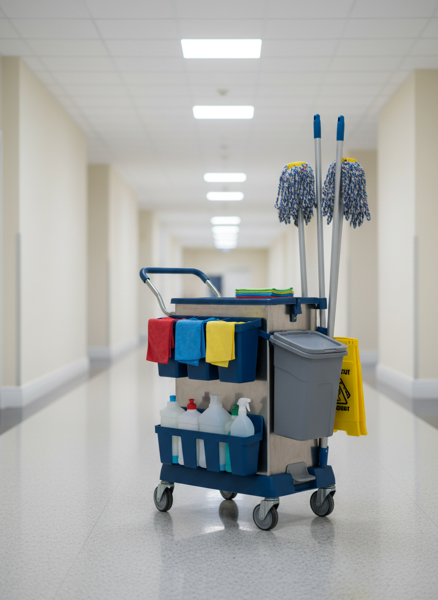 A detailed, close-up photographic realism image of a professional cleaning trolley in a commercial corridor, without any people. The trolley holds neatly organized color-coded microfiber cloths, a closed lidded waste container, and upright mops with clean, unused heads. Bottles of cleaning solution are positioned upright in secure compartments, labels turned away to avoid visible text. The surrounding corridor has a flawless, recently cleaned floor and spotless baseboards. Overhead LED panel lights provide even, bright illumination, with gentle reflections on the polished floor. Shot from a low, three-quarter angle, shallow depth of field keeping the trolley in crisp focus. The mood is disciplined, efficient and highly professional, illustrating a serious cleaning operation.