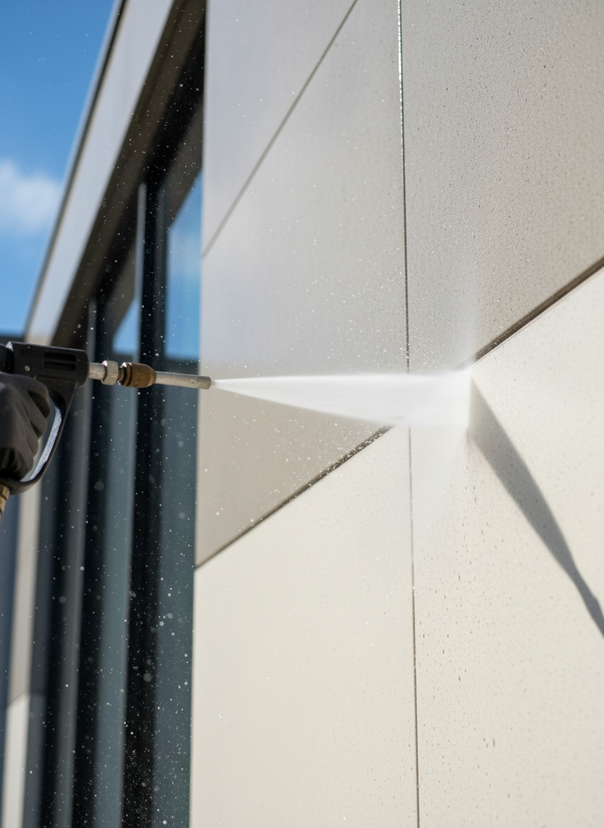 A close-up, photographic realism shot of a high-pressure facade washing nozzle cleaning a light-colored exterior wall on a commercial building in Innlandet. The nozzle sprays a precise, powerful fan of water against the wall, clearly revealing a contrast between the previously dirty, slightly greyed area and the newly cleaned, brighter surface. Droplets of water catch the daylight, creating tiny highlights. The background is softly blurred but shows a tidy, modern building edge and a clear Norwegian sky. Captured from a side angle, with sharp focus on the cleaning action, the mood is efficient, technical and highly professional, emphasizing expert facade washing services.