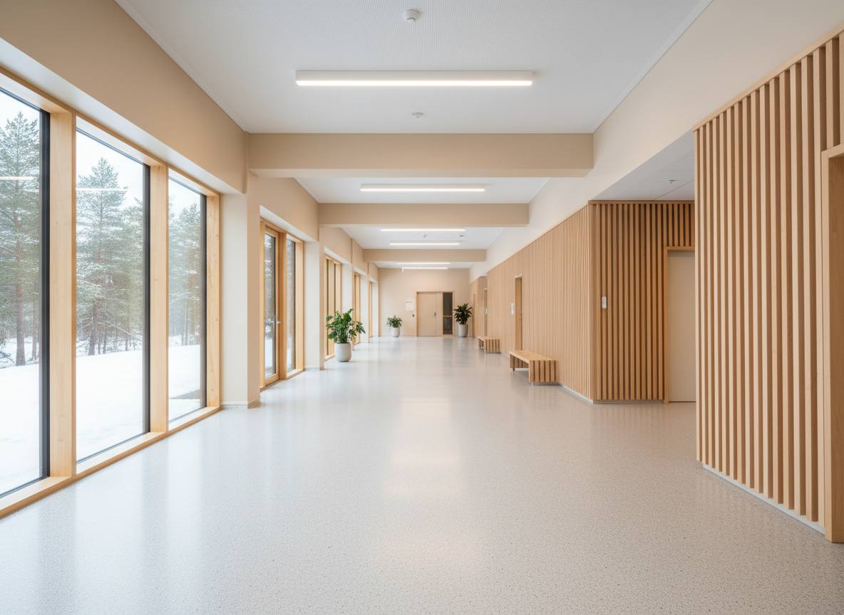 Lyst og rent korridor-/fellesareal i skole eller offentlig bygg